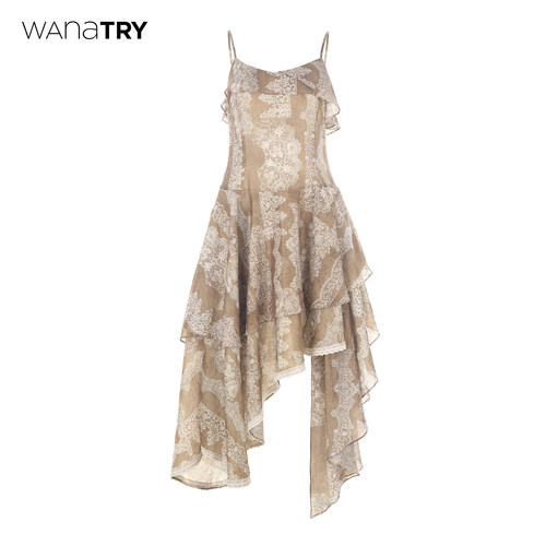 wanatry蕾丝印花麻棉连衣裙