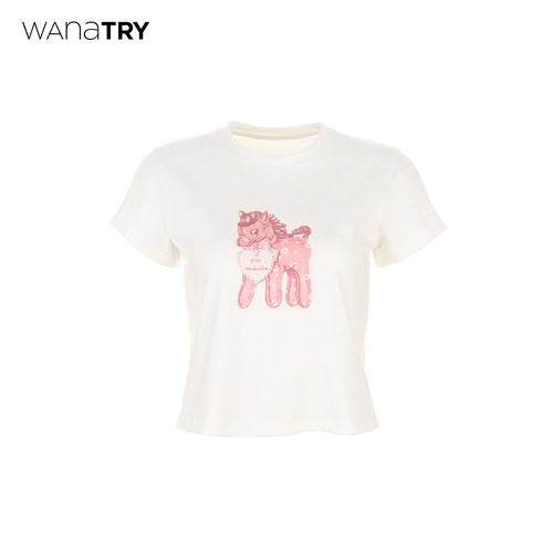 wanatry爱心粉红小马印花短T恤