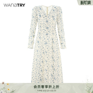 新款 wana 裙子夏季 蓝白花连衣裙清新温婉V领显瘦长袖 try