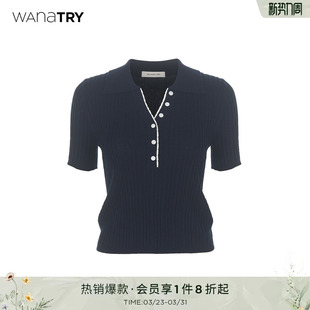 try蚕丝藏蓝色短袖 气质简约休闲女款 套衫 新款 上衣 2026夏季 wana