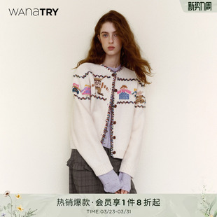 宽松女款 wana 新款 米色2025冬季 上衣 try绵羊毛卡通小人复古开衫
