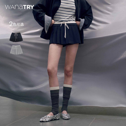 wanatry拼接双腰头百褶裙