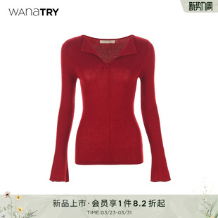 try绵羊毛翻领修身 喇叭袖 显瘦针织衫 新款 上衣女 红色2025冬季 wana