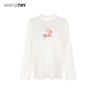 try 新款 星辰之子 T恤春季 简约休闲百搭通勤上衣女 印花长袖 wana