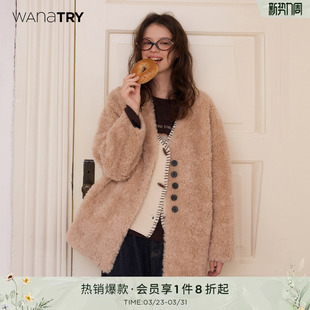 try100%绵羊毛复合皮毛一体大衣新款 wana 女外套上衣 明星同款