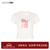 try爱心粉红小马印花短款 T恤春季 新款 wana 正肩减龄百搭女装 上衣