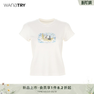 女装 wana 简约百搭短袖 显瘦T恤早春新款 try月亮船小兔叽印花修身
