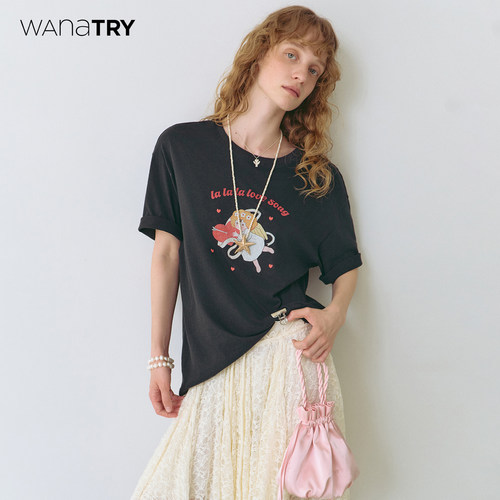 wanatry棉麻做旧水洗刺绣T恤
