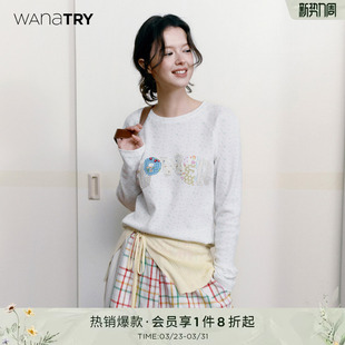 新款 T恤春季 宽松休闲百搭复古上衣女 try碎花字母贴布绣长袖 wana
