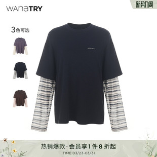 简约女款 wana 新款 T恤2025秋季 上衣 try刺绣字母logo拼印花网格袖