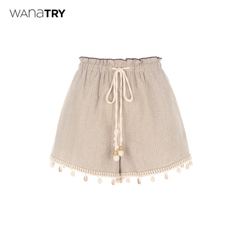 wanatry钩针小球装饰亚麻短裤