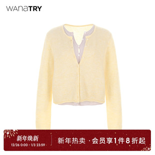 温柔女款 wana 新款 2025秋季 上衣 try针织假两件浅黄色搭配淡紫开衫