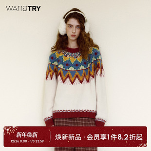 复古女款 新款 上衣 try羊毛撞色费尔岛软糯毛衣红色2025冬季 wana