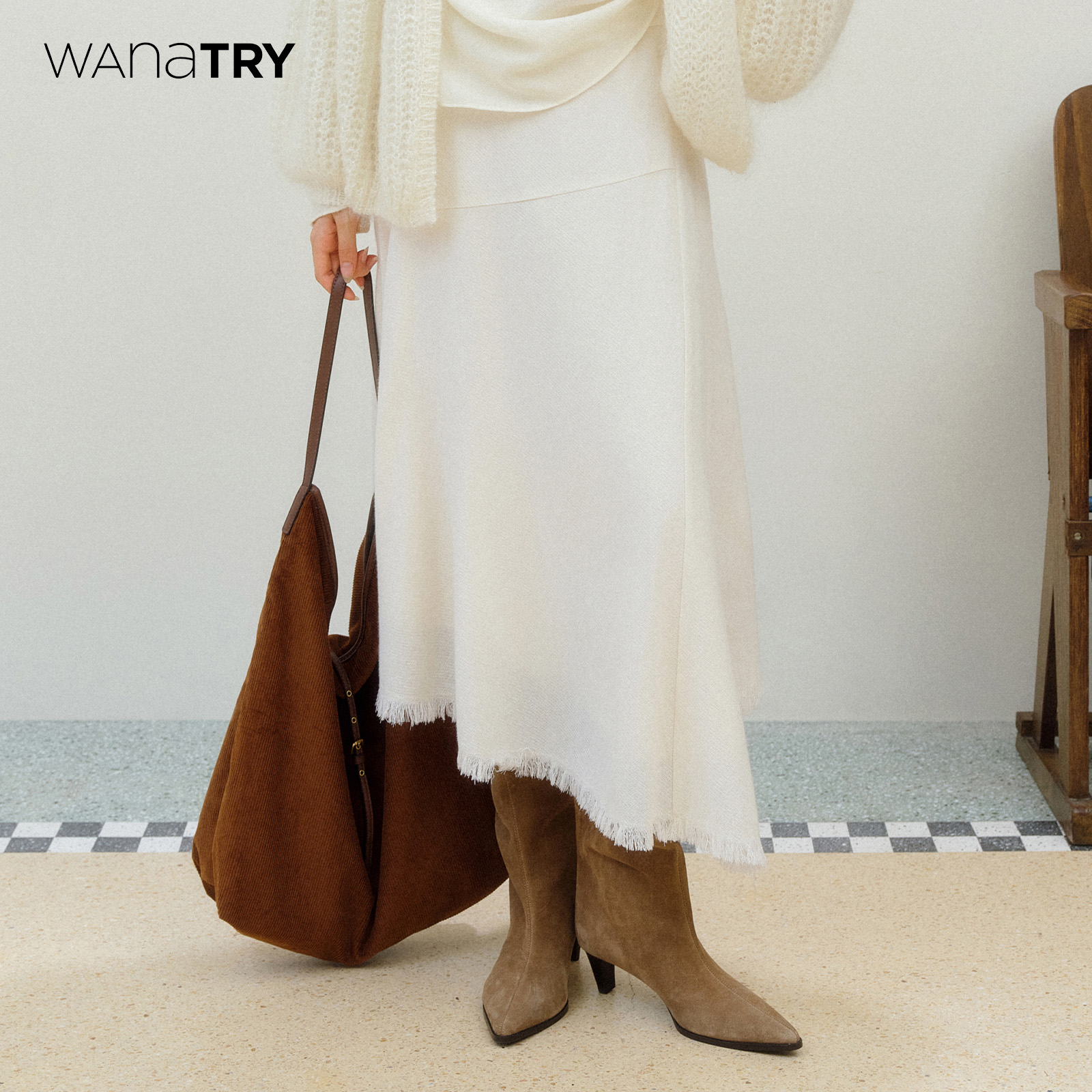 wanatry不对称流苏米白色半身裙