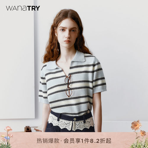 wanatry羊毛翻领条纹针织上衣