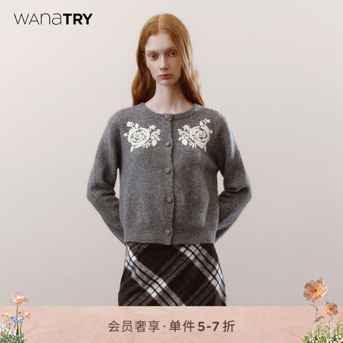 wanatry羊毛花朵刺绣针织开衫