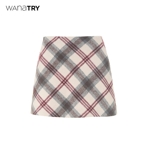 wanatry绵羊毛格纹A字半裙