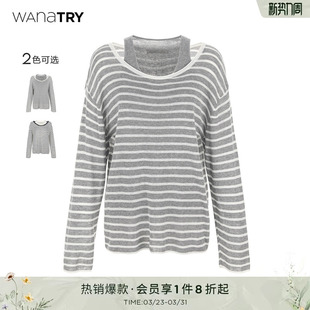 女装 wana 简约高级通勤长袖 新款 try莱赛尔亚麻真两件条纹上衣春季