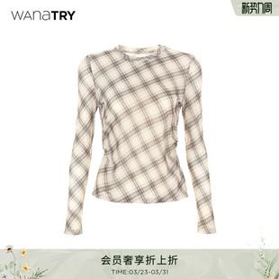 休闲女款 wana 新款 2026夏季 上衣 try格纹斜裁贴身柔软咖色打底衫
