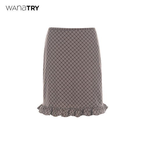 wanatry木耳边格纹可可咖色半裙