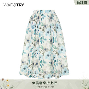 简约休闲流行女款 新款 半裙 try花卉温柔感蓝色半身裙2026夏季 wana