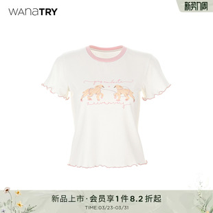 简约减龄休闲百搭短袖 新款 女 try领口可爱狗狗花T恤2026春季 wana