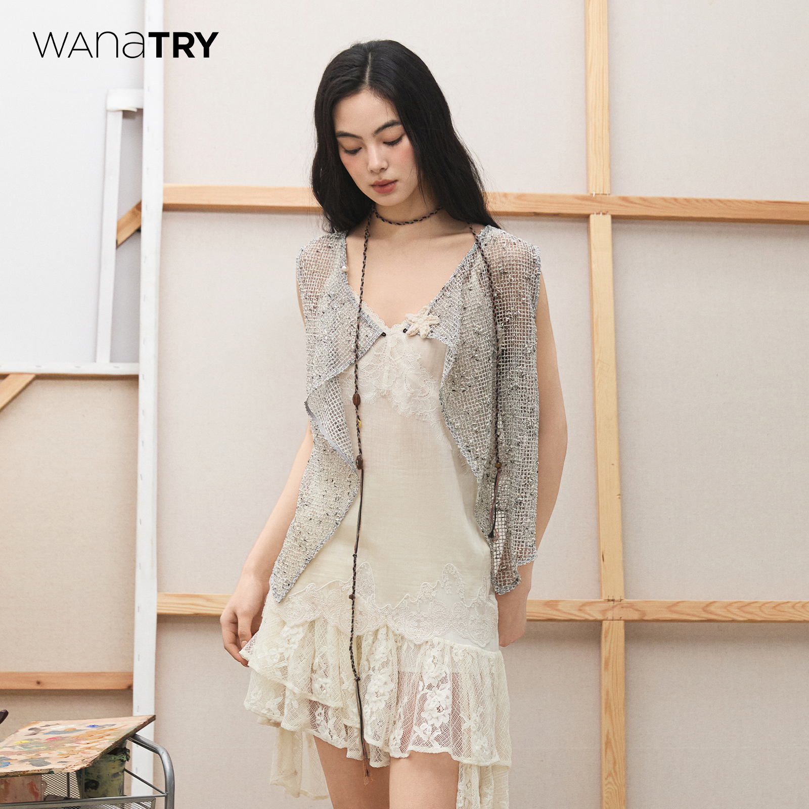 【明星同款】wana try黑白网格双面穿背心式上衣2025春新款女马甲