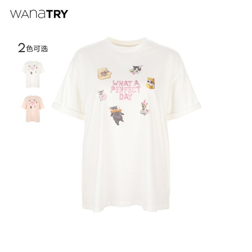 wanatry条纹猫猫party印花T恤
