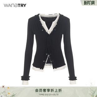 女款 wana 新款 2025秋季 上衣 try假两件木耳花边黑白拼色合身薄开衫