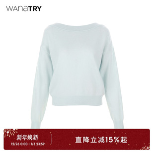 浅蓝色温柔简约女款 wana 新款 2025冬季 上衣 try羊毛一字领针织衫