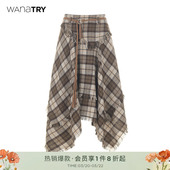 游牧感裙子 女装 wana try绵羊毛格子流苏半裙含腰带2025秋冬新款