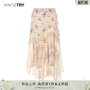 温柔百搭气质女裙 新款 wana try印花拼接格纹不规则设计感半裙春季