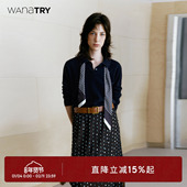 wana try100%绵羊毛针织上衣女含丝巾2025秋新款 藏青色通勤感上衣