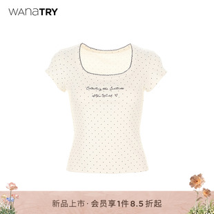 wana try大U领t恤女短袖夏修身显瘦白底咖波点花边字母刺绣半袖