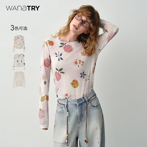 wanatry印花修身打底上衣