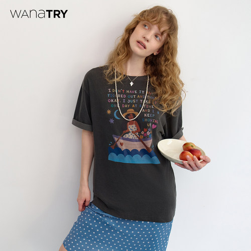wanatry水洗棉少女划船印花T恤