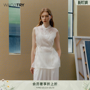 try桑蚕丝白色新中式 气质无袖 斜襟夏季 女装 上衣 新款 wana