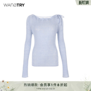 气质通勤简约女装 新款 try温柔感一字肩斜肩抽绳针织上衣春季 wana