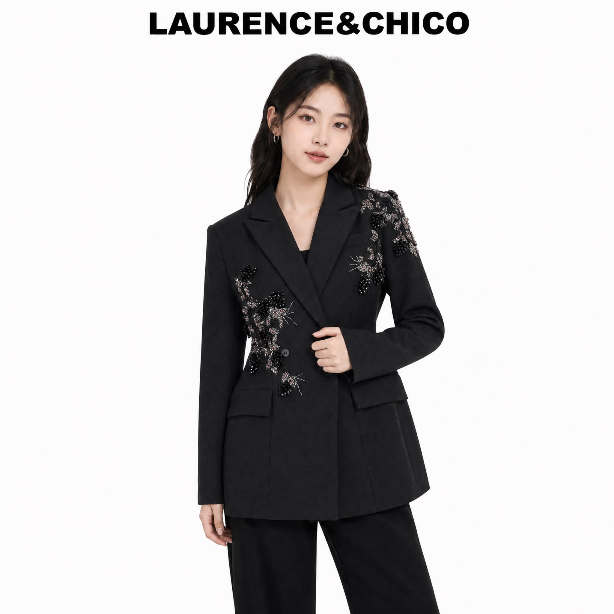 Laurence & ChicoLC手工珠绣西装外套高定收腰中长款哑光黑