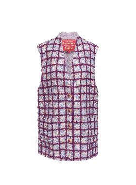 LC灵蛇扣手工抽纱棋盘格真丝长马甲，紫色