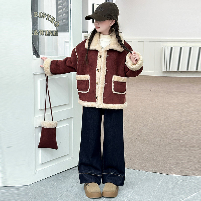 女童皮毛一体外套冬装加绒加厚冬棉袄/棉服