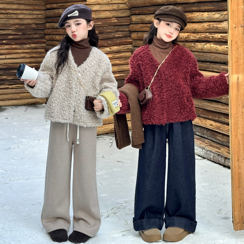 女童皮毛一体毛毛衣秋冬装2024新款儿童中大童打底衫牛仔裤三件套