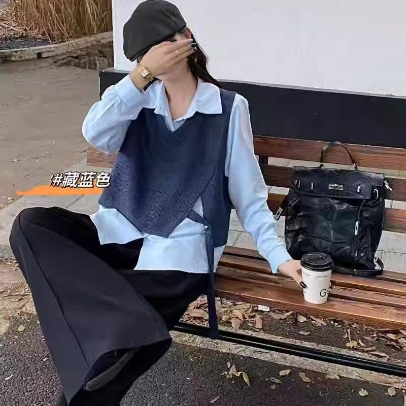 【甜甜圈专享】针织马甲俩件衬衫女春季新款慵懒宽松上衣7762#