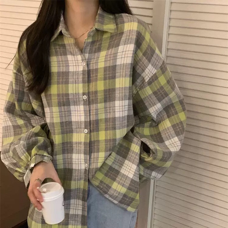 【小四专享】绿色格子polo领长袖衬衫外套女609#