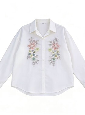 【悟空专享】独特蕾丝绣花蓝色长袖衬衫女棉麻法式浪漫衬衣617#