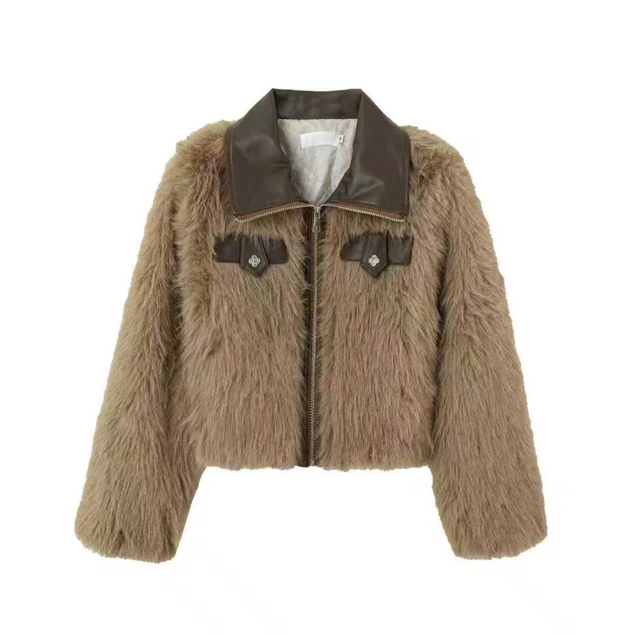 【爆米花专享】韩版翻领浅灰色仿毛绒绒短外套9939#