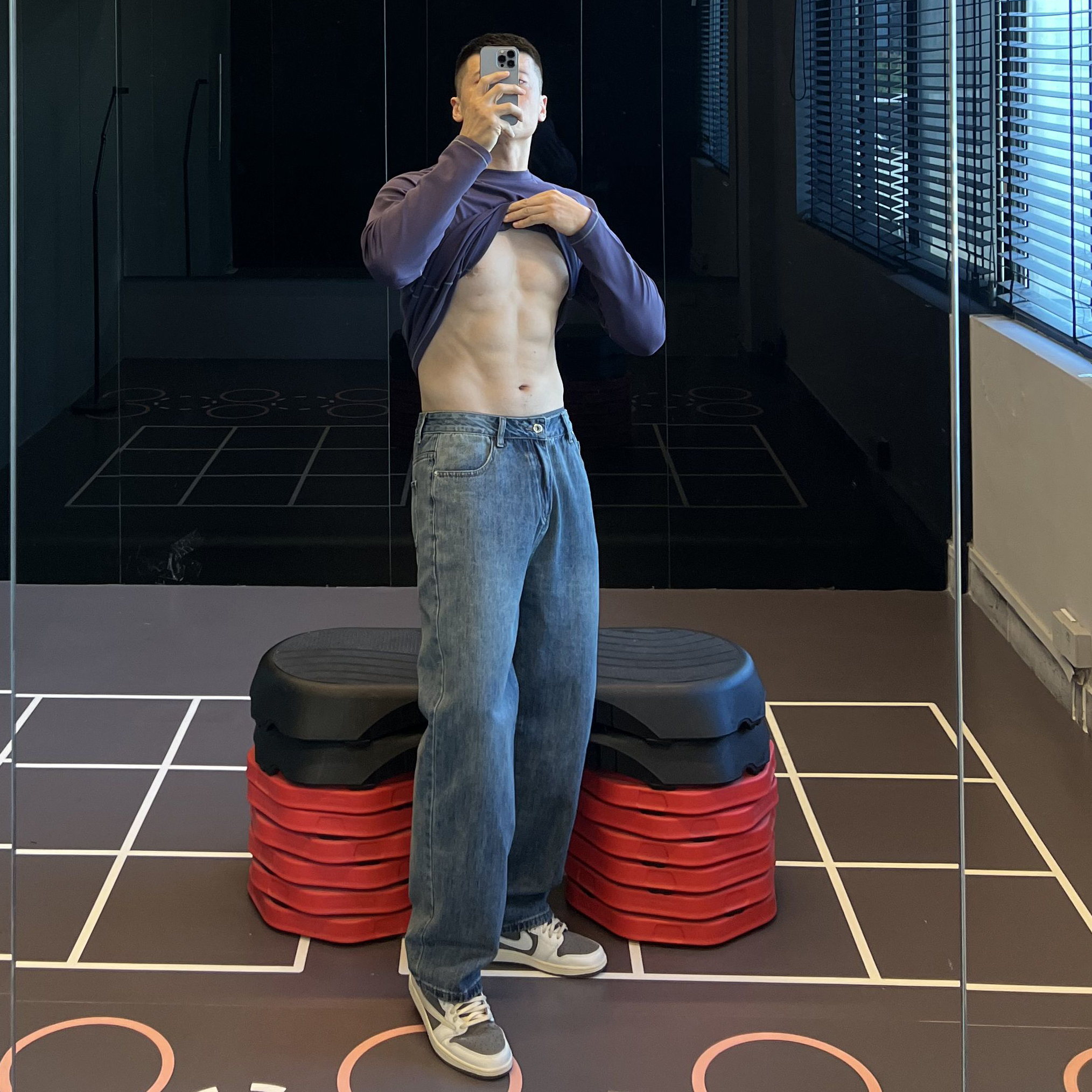 混纺棉深蓝牛仔裤宽松休闲直筒裤