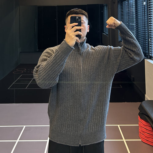 粗条纹拉链针织衫外套男士训练冬