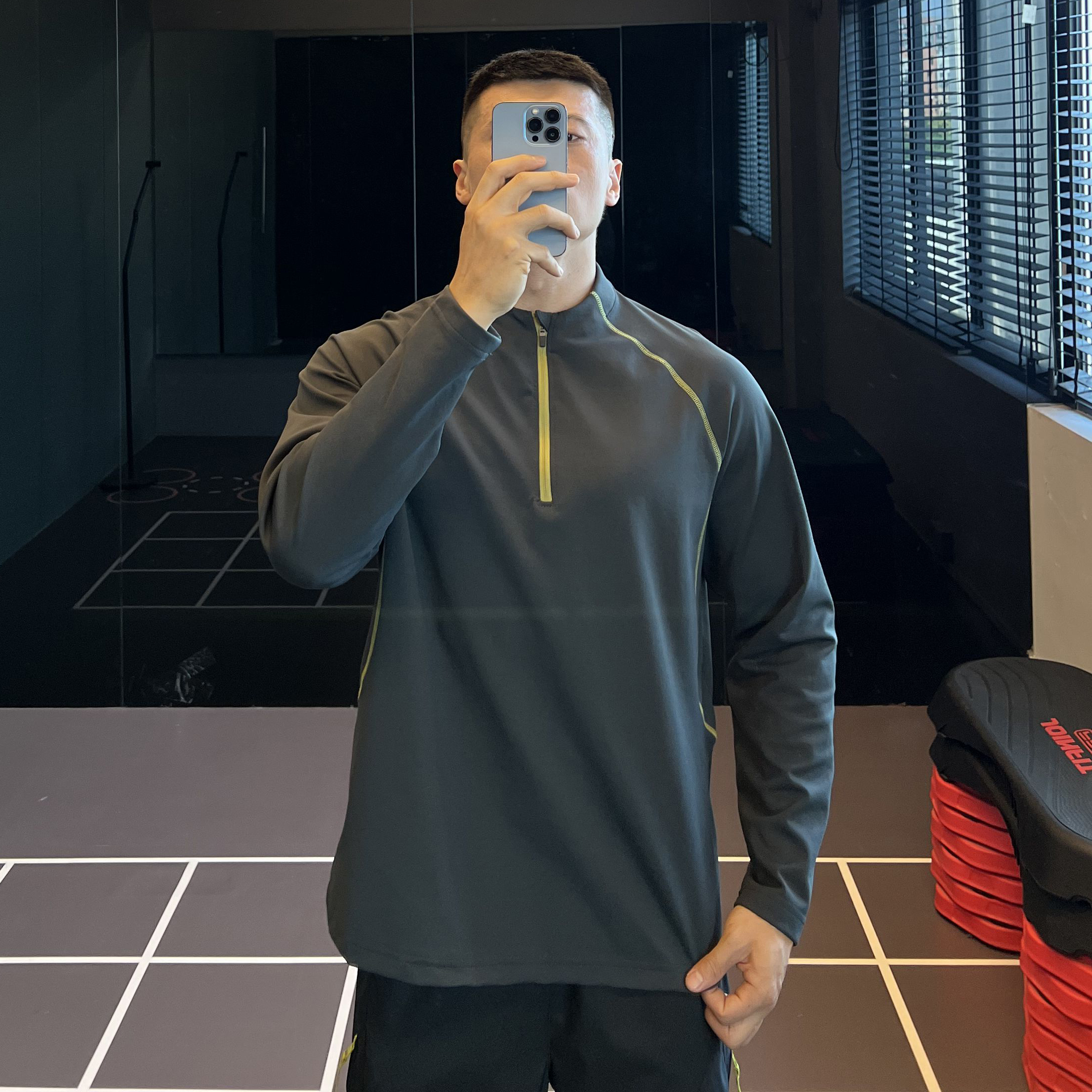 运动撞色半拉链健身长袖男t恤秋