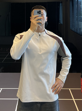 IRONTRAP撞色拼接半拉链长袖T恤男抑菌速干打底上衣健身衣服秋冬